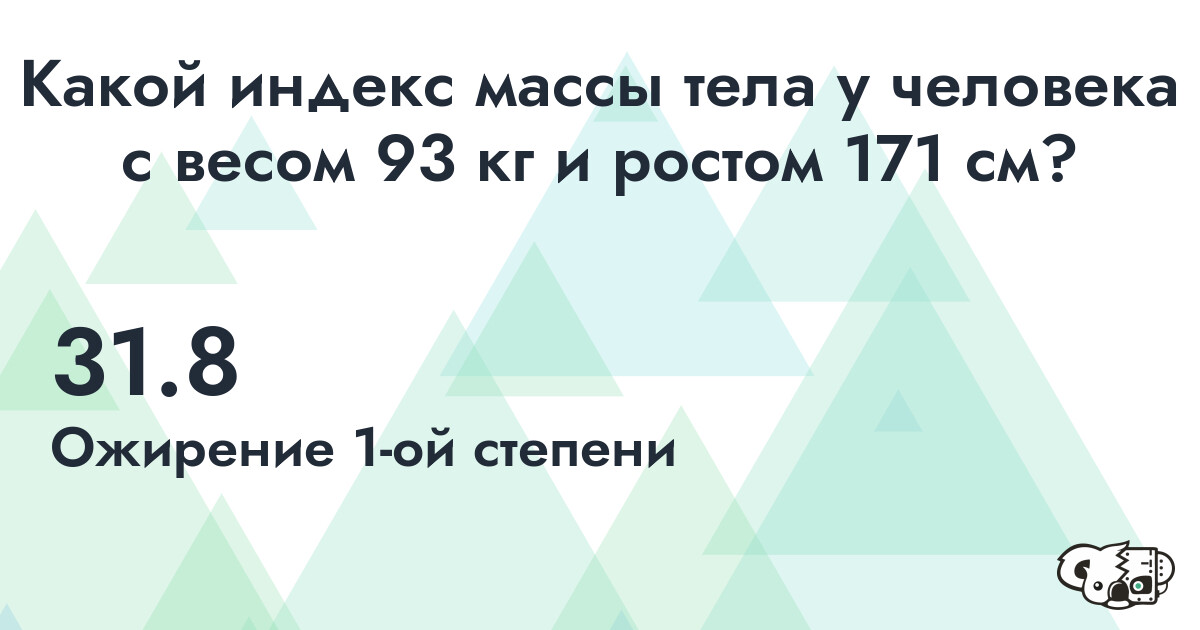 Индекс Массы Тела (ИМТ) для человека с весом 93 кг. и ростом 171 см.
