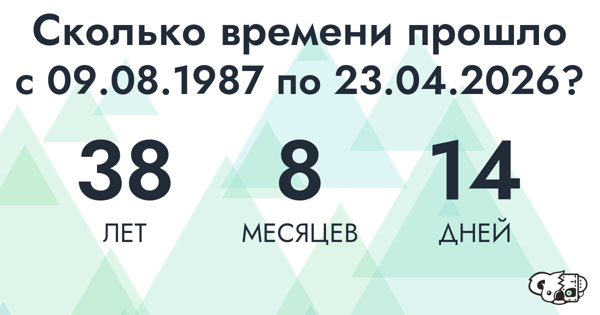 Сколько времени прошло с 9 августа 1987 года по 23 апреля 2026 года