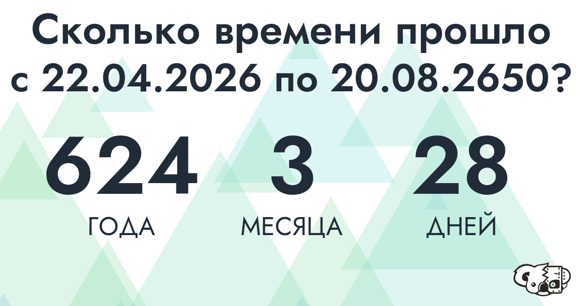 Сколько времени прошло с 22 апреля 2026 года по 20 августа 2650 года